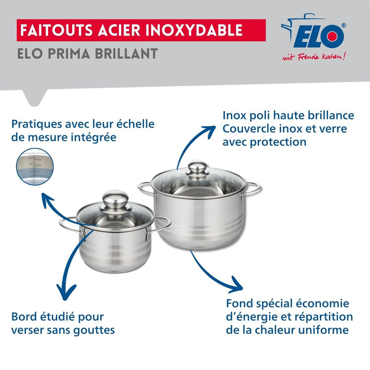 Ensemble de 2 Poêles de cuisson 28 et 32 cm et 2 faitouts 16 et 20 cm Elo Profi Brillant