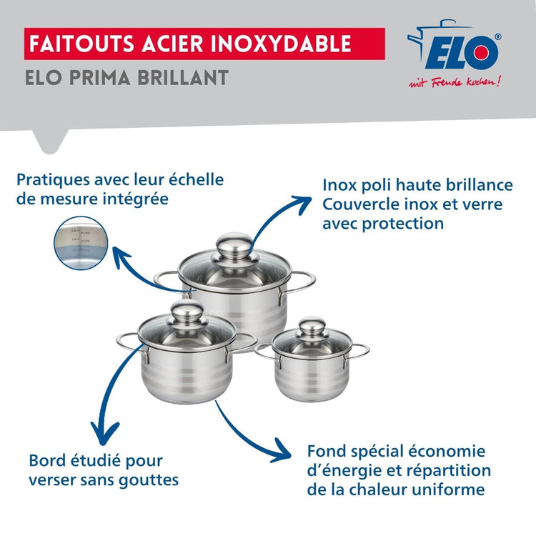 Ensemble de 3 Poêles de cuisson 24, 28 et 32 cm et 3 faitouts 12, 14 et 16 cm Elo Profi Brillant