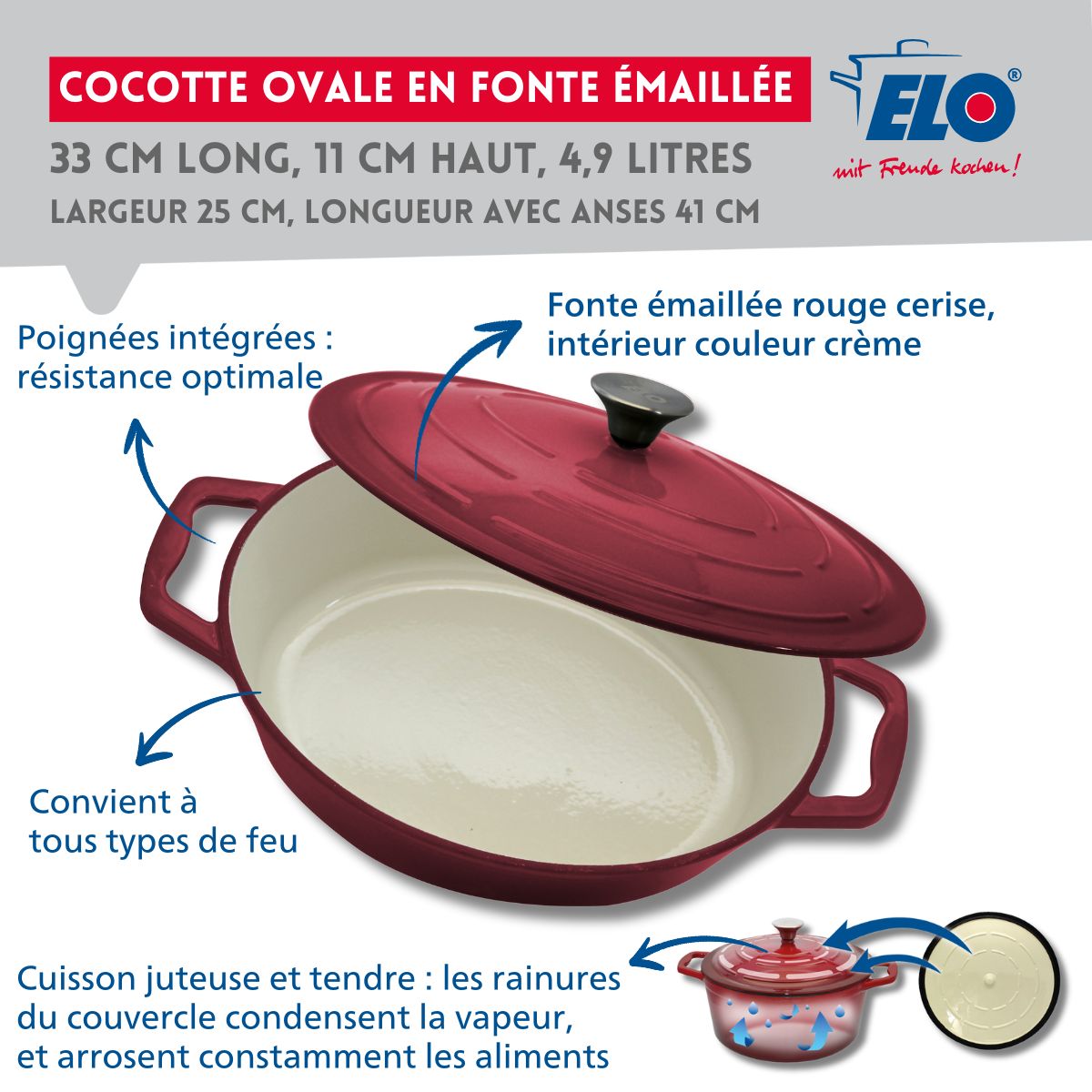 Cocotte en fonte émaillée rouge cerise 33 cm 5 L Elo