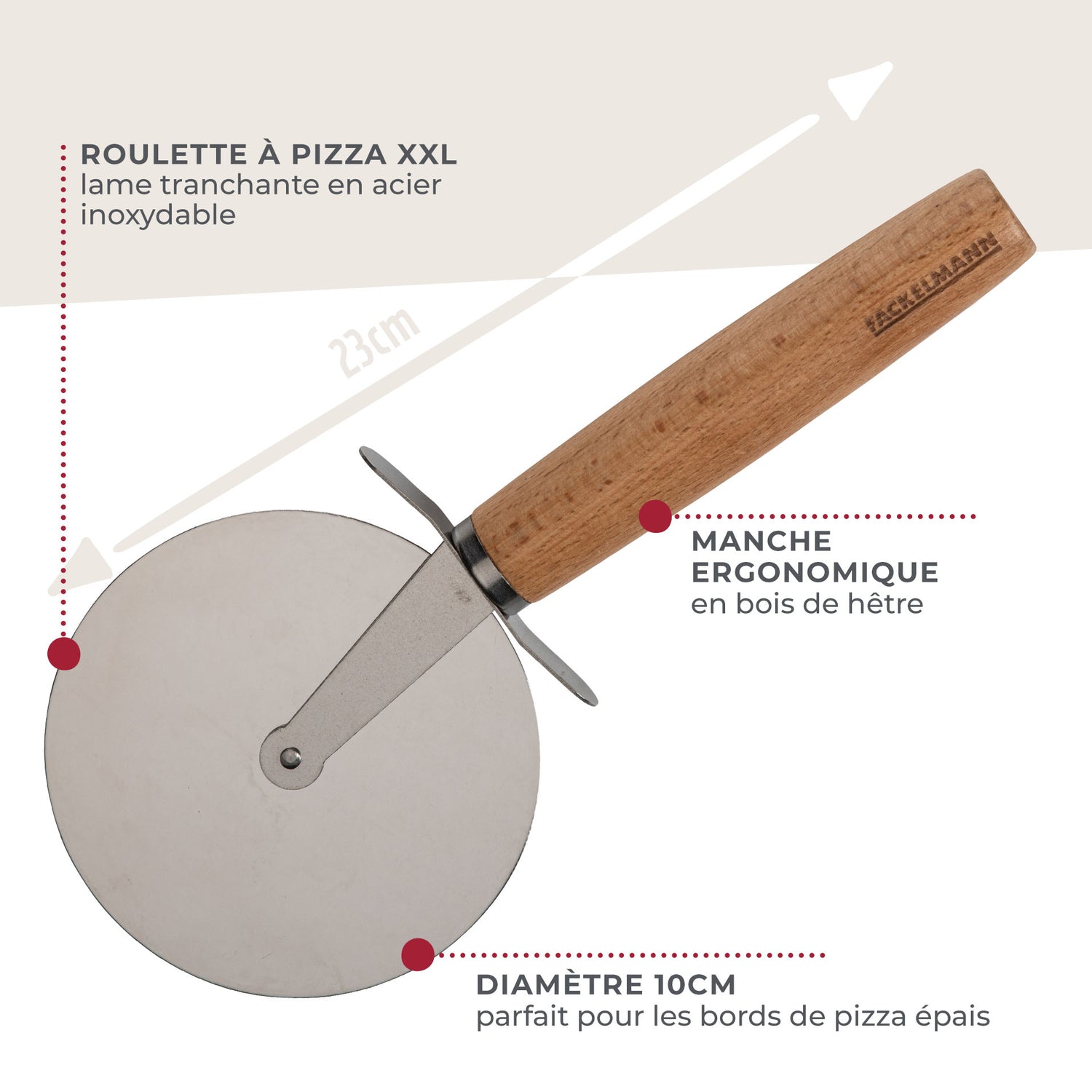 Roulette à pizza géante manche en bois Fackelmann Pizza & Pasta