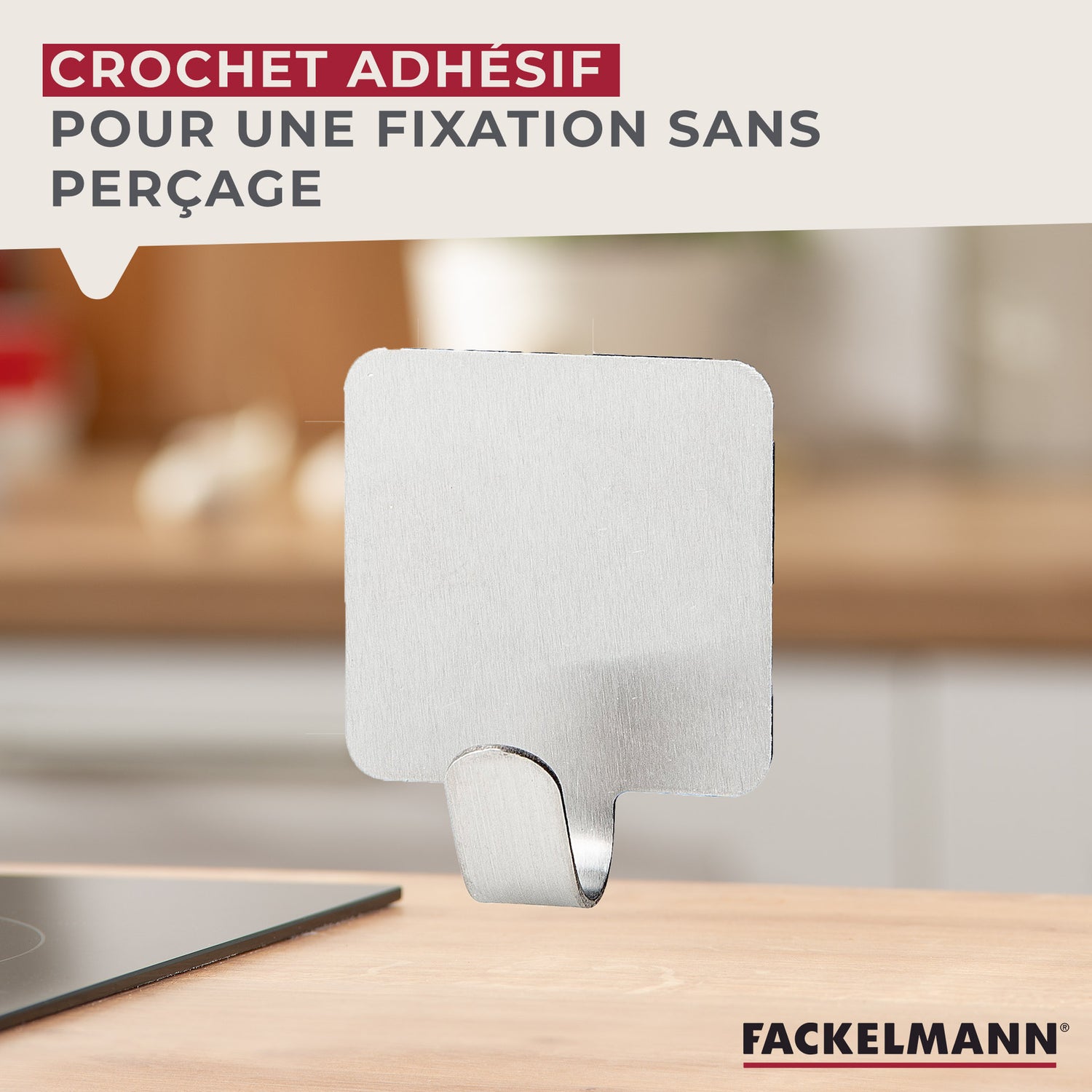 Lot de 3 crochets adhésifs carrés en acier inoxydable Fackelmann Tecno