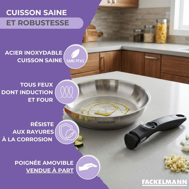 Poêle 24 cm en inox manche amovible Fackelmann InoGrip