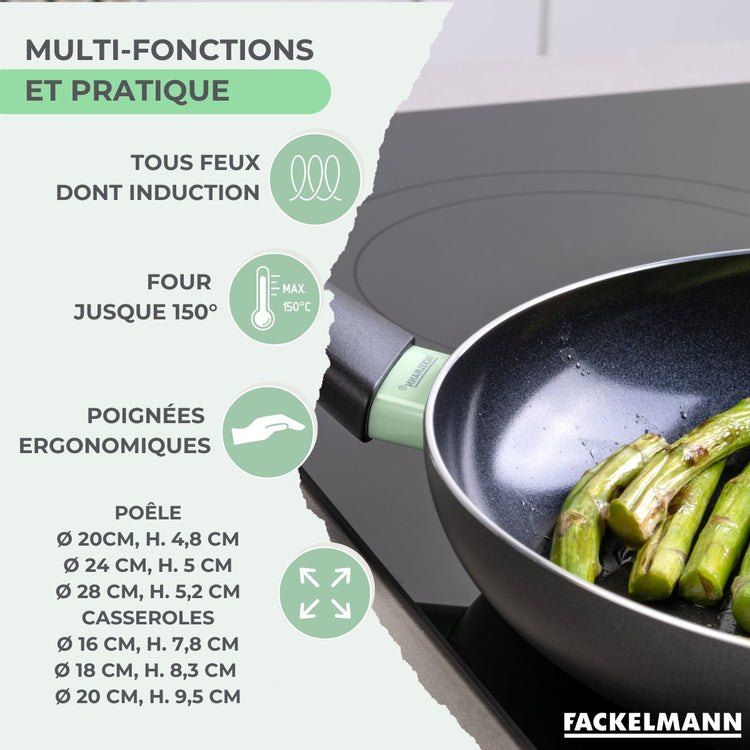 Batterie de cuisine avec 3 poêles 20/24/28 cm et 3 casseroles 16/18/20 cm avec 5 ustensiles de cuisine Fackelmann Brandao Océan