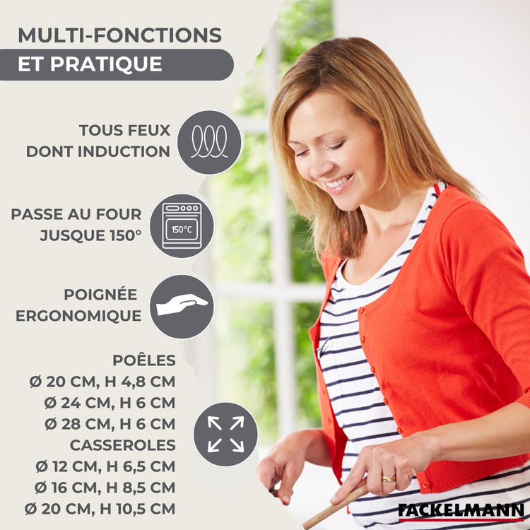 Batterie de cuisine avec 3 casseroles 12/16/20 cm et 3 poêles 20/24/28 cm avec 5 ustensiles de cuisine sans PFAS Fackelmann Généva Océan