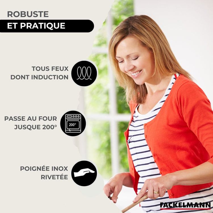 Batterie de cuisine avec 3 faitouts 16/20/24 cm 1 poêle 20 cm et 6 ustensiles de cuisine sans PFAS Fackelmann Etherna Brillant Clip avec couvercles