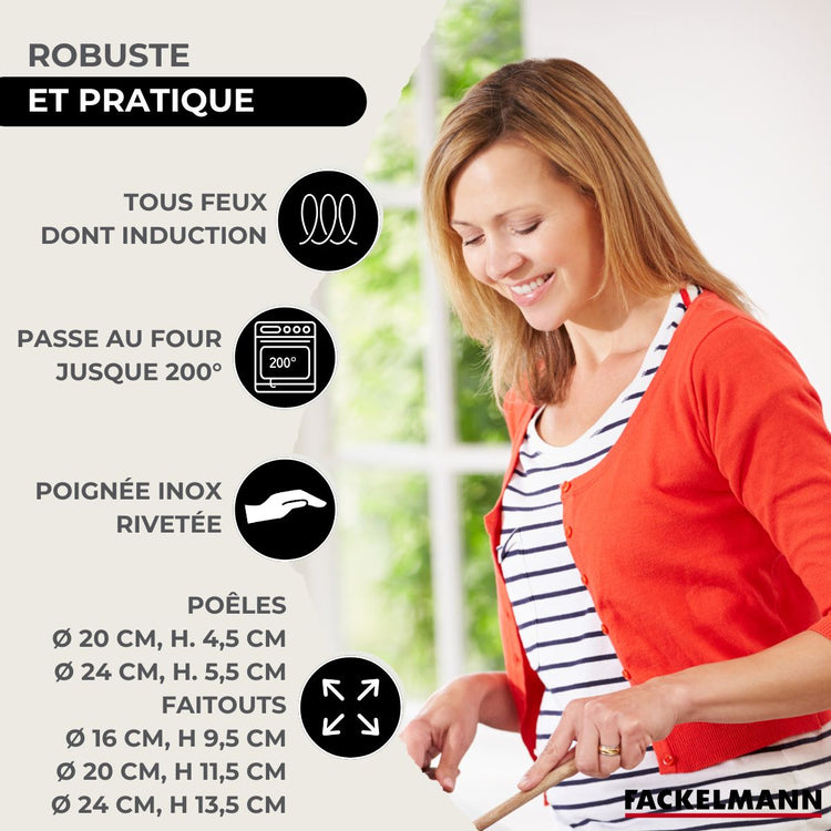 Batterie de cuisine avec 3 faitouts 16/20/24 cm et 2 poêles 20/24 cm et 5 ustensiles de cuisine Fackelmann Etherna Brillant Vario