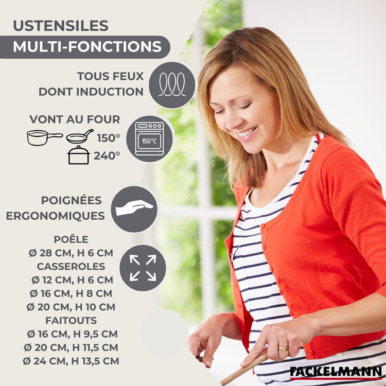 Batterie de cuisine avec 3 faitouts 16/20/24 cm et 3 casseroles 12/16/20 cm avec 5 ustensiles de cuisine Fackelmann Généva Brillant Vario