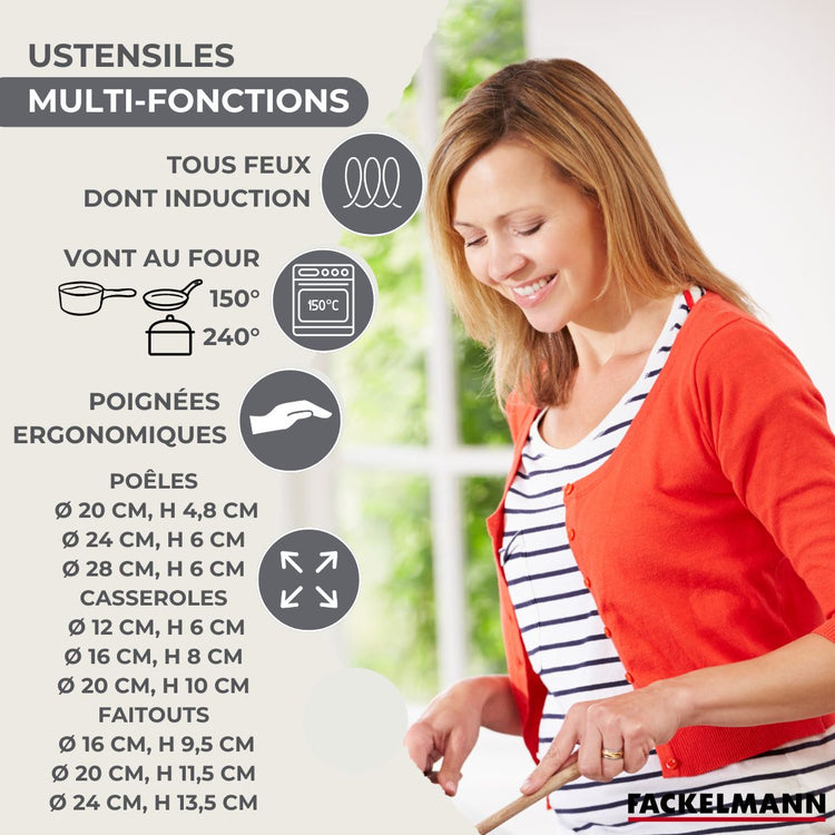 Batterie de cuisine avec 3 faitouts 16/20/24 cm et 3 casseroles 12/16/20 cm et 5 ustensiles de cuisine Fackelmann Généva Brillant Vario