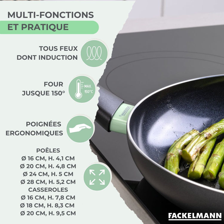 Batterie de cuisine avec 4 poêles 16/20/24/28 cm et 3 casseroles 16/18/20 cm avec 5 ustensiles de cuisine sans PFAS Fackelmann Brandao Vario