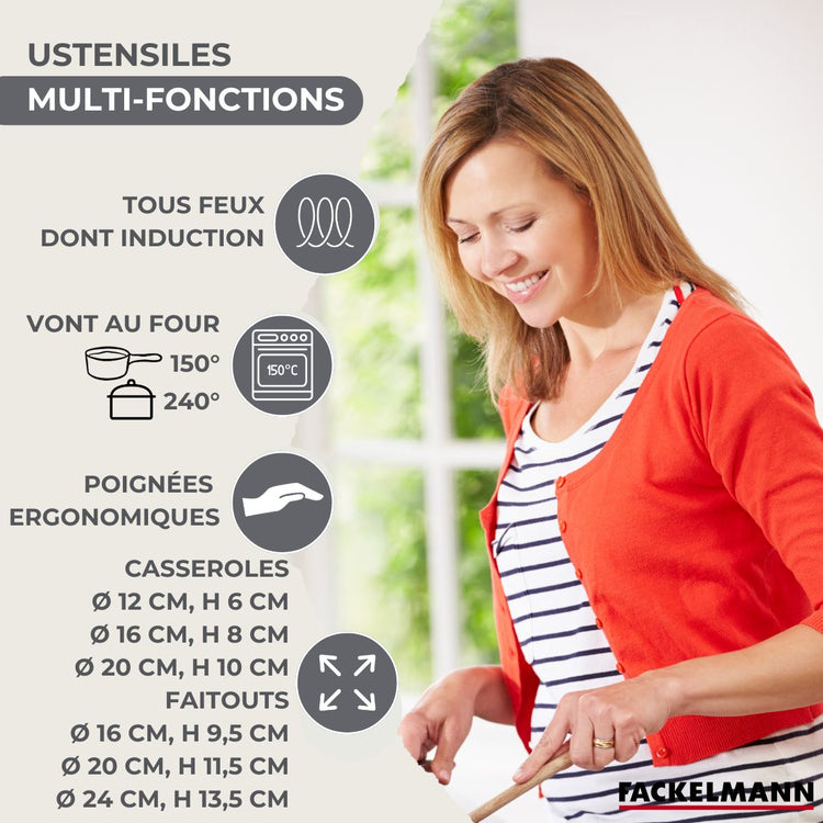 Batterie de cuisine avec 3 casseroles 12/16/20 cm et 3 faitouts 16/20/24 cm avec 6 ustensiles de cuisine sans PFAS Fackelmann Généva Brillant Fénix