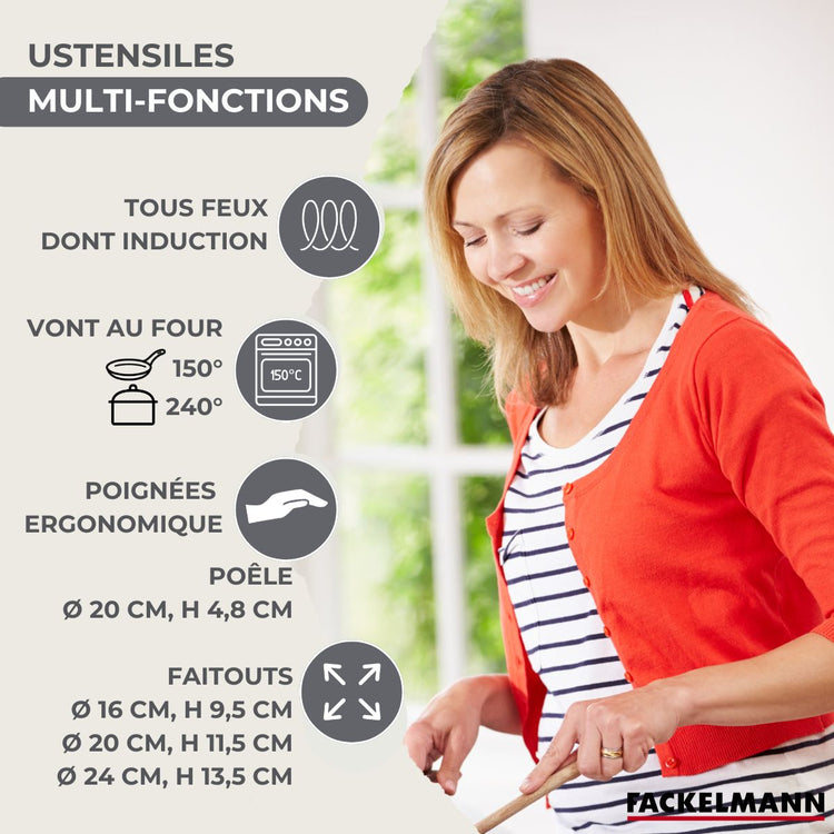 Batterie de cuisine avec 1 poêle 20 cm et 3 faitouts 16/20/24 cm avec 7 ustensiles de cuisine Fackelmann Généva Brillant Oxford avec couvercles