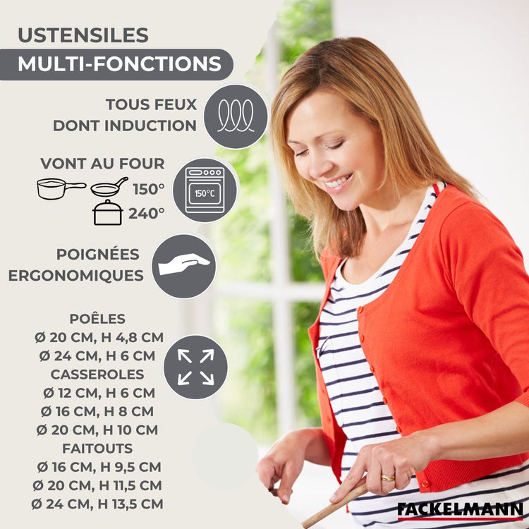 Batterie de 2 poêles 20/24 cm, 3 casseroles 12/16/20 cm, 3 faitouts 16/20/24 cm et 6 ustensiles Fackelmann Geneva