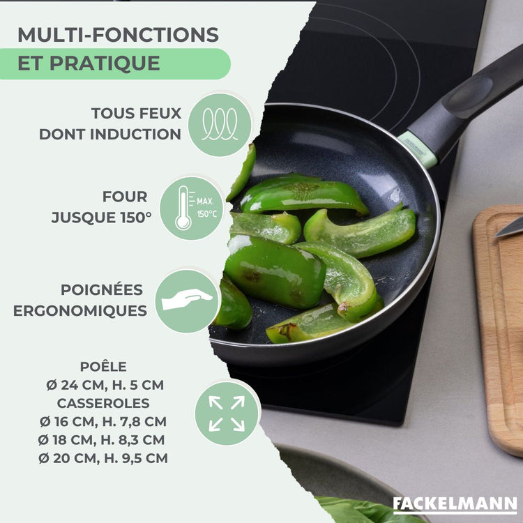 Set de 1 poêle 24 cm, 3 casseroles antiadhésives céramique 16, 18 et 20 cm et 6 ustensiles Fackelmann Brandao