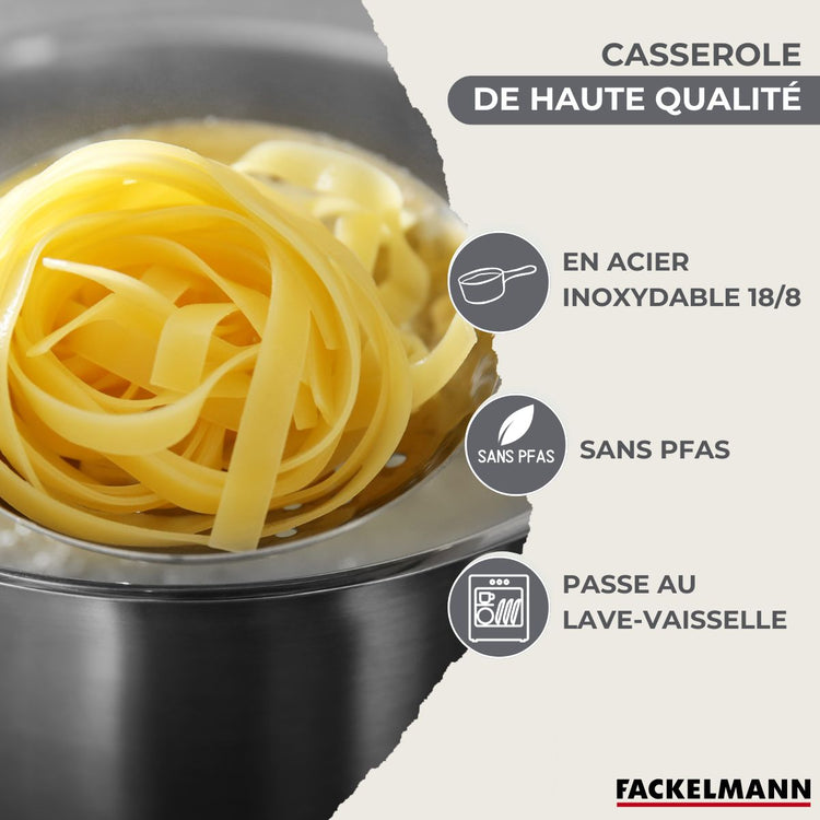 Batterie de cuisine avec 3 faitouts 16/20/24 cm et 3 casseroles 12/16/20 cm avec 5 ustensiles de cuisine sans PFAS Fackelmann Généva Brillant Ocean