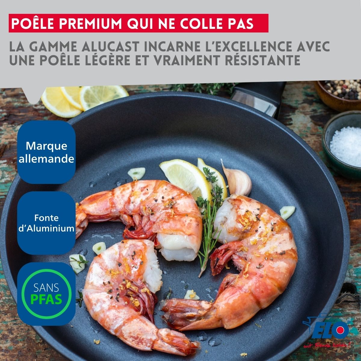 Poêle à frire 32 cm en aluminium pressé avec couvercle en verre Elo Alucast