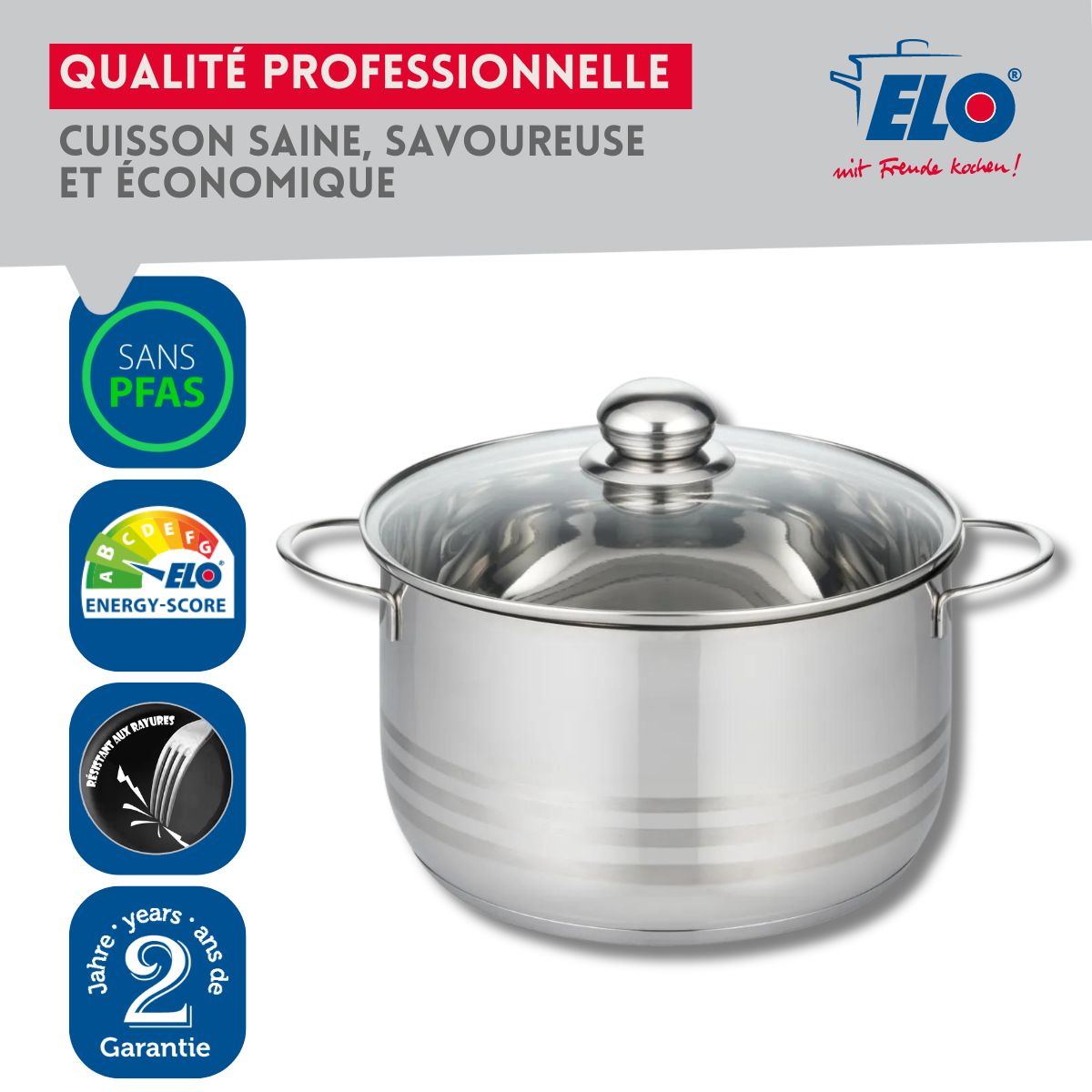 Faitout en acier inoxydable sans PFAS 20 cm Elo Brillant 