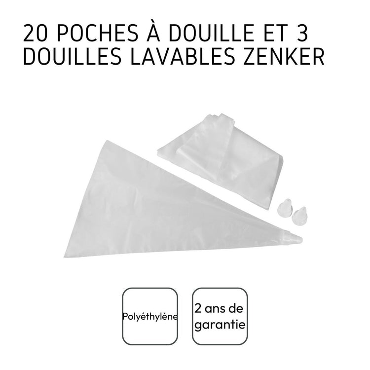 Lot de 20 poches à douille jetables et 3 embouts plastique réutilisables Zenker