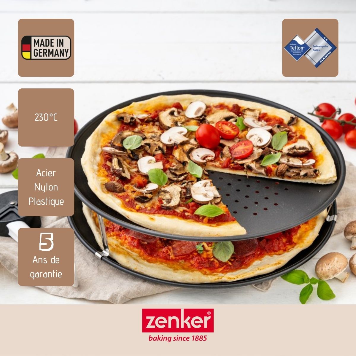 Set de 2 plaques à pizza 32 cm et une roulette à pizza Zenker Countries
