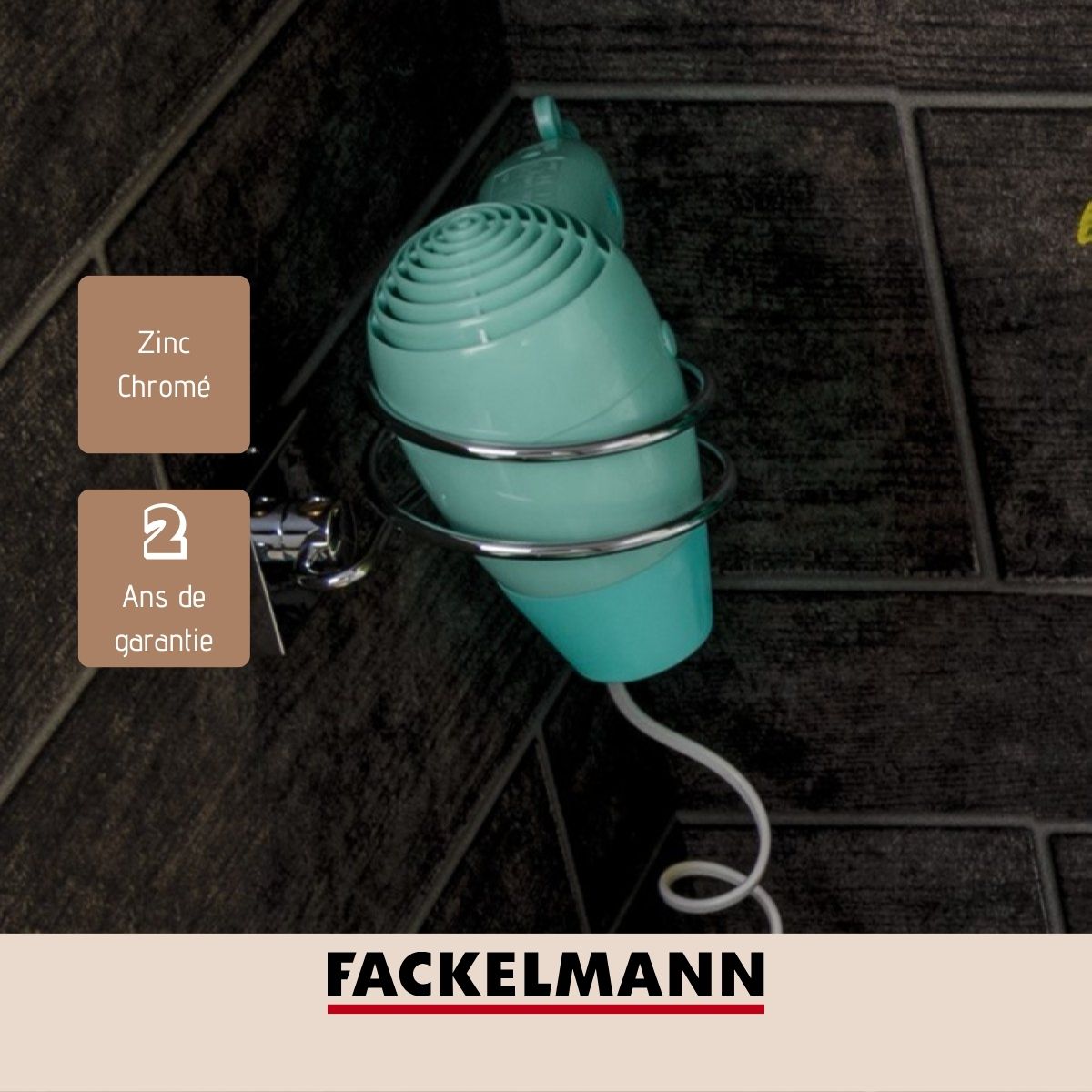 Support sèche cheveux en zinc gris chromé Fackelmann Mare