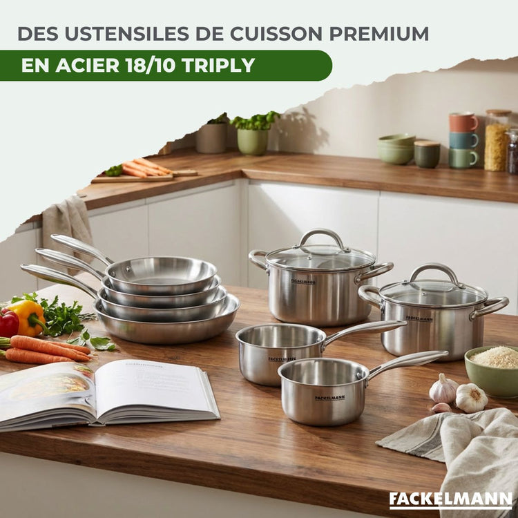 Poêle à Frire 20 cm, Casseroles 14 et 18 cm, Faitouts 20 24 cm inox 18/10 Triply et couvercle Fackelmann Vita3
