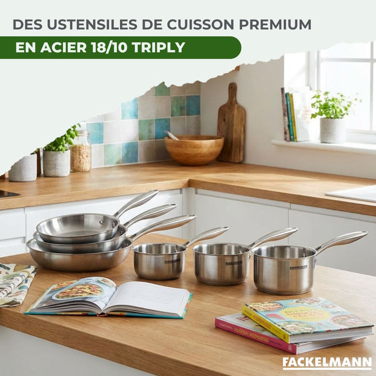 Batterie de cuisine avec 2 poêles 20/28 cm et 2 casseroles 14/18 cm avec 1 couvercle de cuisson universel sans PFAS Fackelmann Vita3
