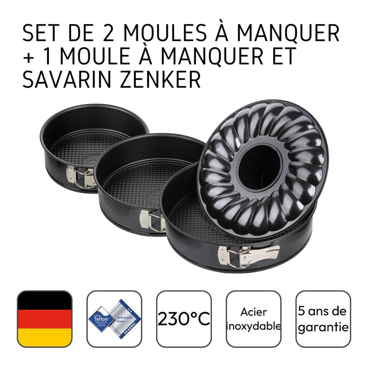 Set de 2 moules à manqué et 1 moule à manqué et savarin diamètres différents Zenker Black Metallic