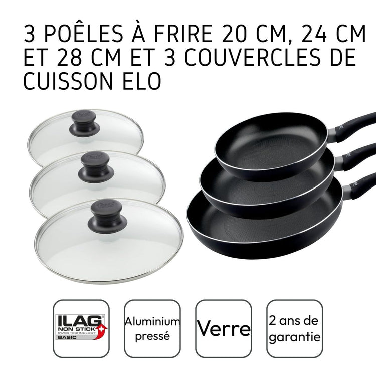 Ensemble de 3 poêles à frire et 3 couvercles en verre 20 cm 24 cm et 28 cm Elo Smart Life