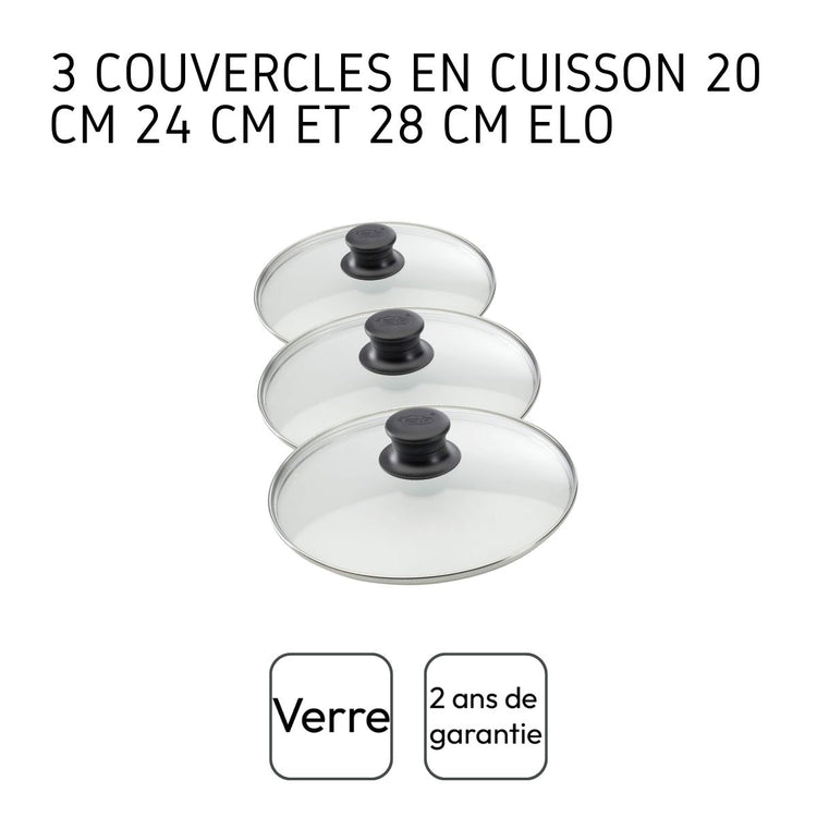 Set de 3 couvercles de cuisson en verre 20 cm 24 cm et 28 cm Elo