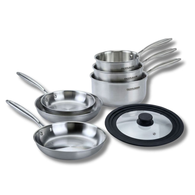 Batterie de cuisine avec 3 poêles 20/24/28 cm et 2 casseroles 14/18 cm et 1 couvercle de cuisson universel sans PFAS Fackelmann Vita3