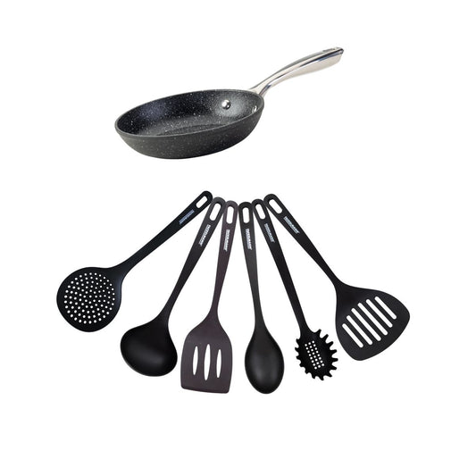 Set poêle 20 cm fonte alu revêtement antiadhésif céramique sans PFAS et 6 ustensiles inox Fackelmann Crossroad