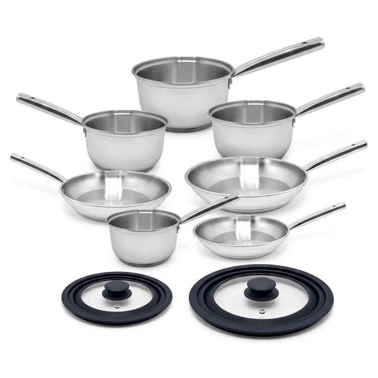 Lot de 4 casseroles 16/18/20/22 cm et 3 poêles en inox 20/24/28 cm avec couvercles Fackelmann Rhona