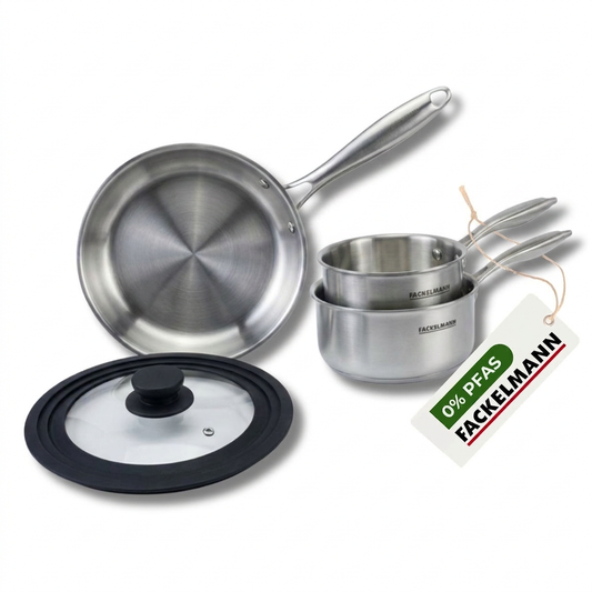 Batterie de cuisine avec 1 poêle 28 cm et 2 casseroles 14/18 cm et 1 couvercle de cuisson universel sans PFAS Fackelmann Vita3