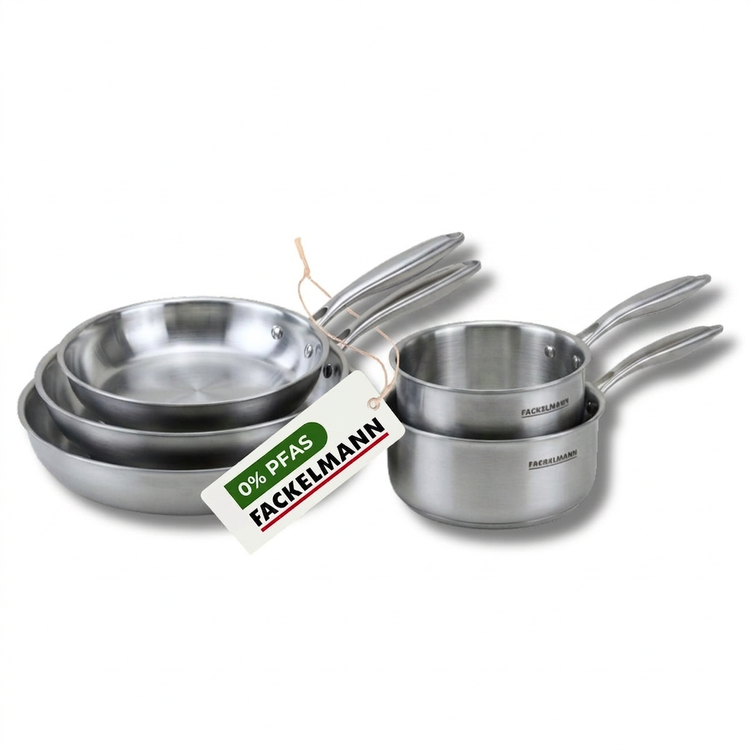 Batterie de cuisine avec 3 poêles 24/26/28 cm et 2 casseroles 14/18 cm en inox sans PFAS Fackelmann Vita3