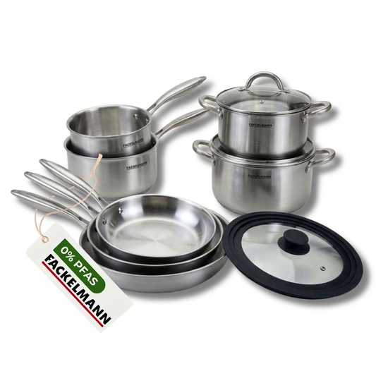 Batterie de cuisine avec 3 poêles 20/24/28 cm et 2 casseroles 14/18 cm et 1 couvercle de cuisson universel sans PFAS Fackelmann Vita3