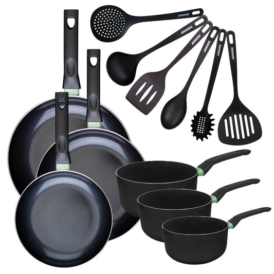 Set de 3 poêles 24 28 et 30 cm et 3 casseroles 16, 18 et 20 cm antiadhésives céramique et 6 ustensiles Fackelmann Brandao