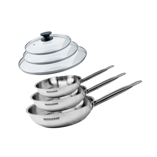 Set de 3 poêles 20 24 et 28 cm en inox et 3 couvercles en verre Fackelmann Eterna