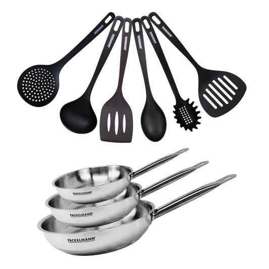 Set de 3 poêles 20 24 et 28 cm en inox et 6 ustensiles Fackelmann Eterna