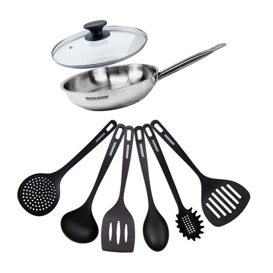 Set de 1 poêle de 24 cm en inox 1 couvercle en verre et 6 ustensiles Fackelmann Eterna