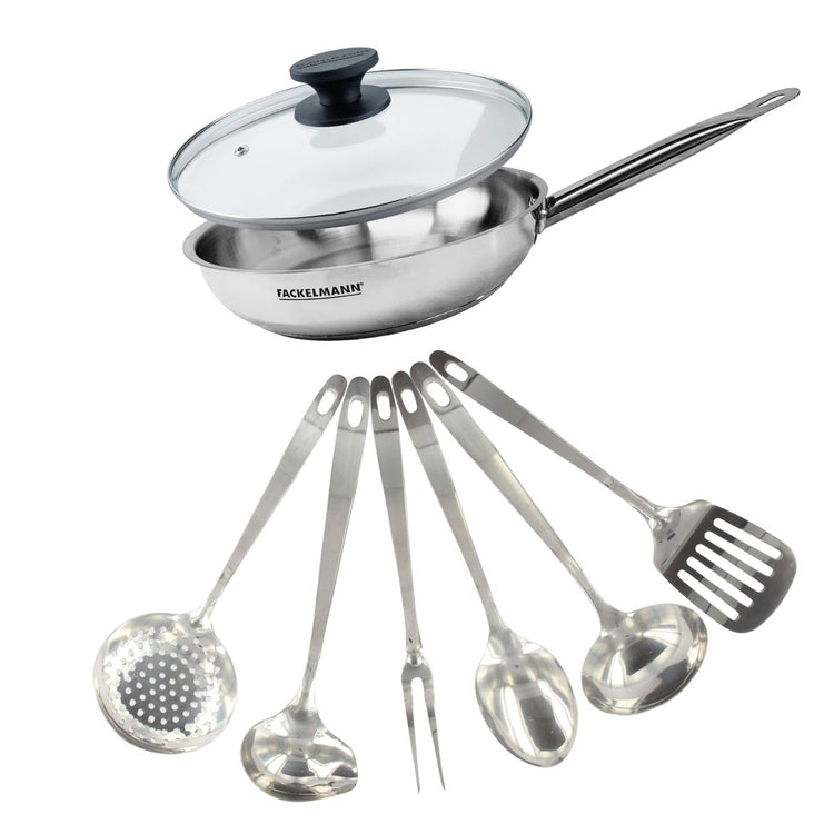 Set poêle 28 cm en inox, couvercle verre et 6 ustensiles inox Fackelmann Eterna