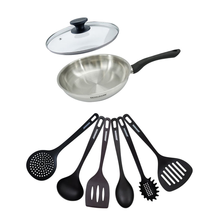 Set poêle 24 cm en inox, couvercle verre et 6 ustensiles Fackelmann Geneva