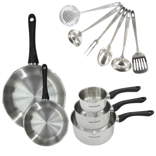 Set 2 poêles 20 et 28 cm, 3 casseroles en inox et 6 ustensiles inox Fackelmann Geneva