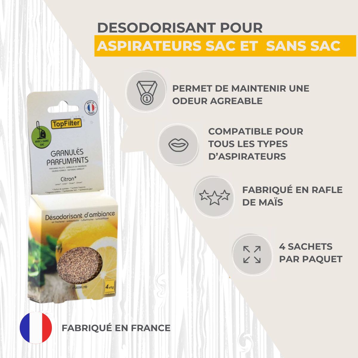 Lot de 4 sachets de granulés parfumants pour aspirateur au citron TopFilter