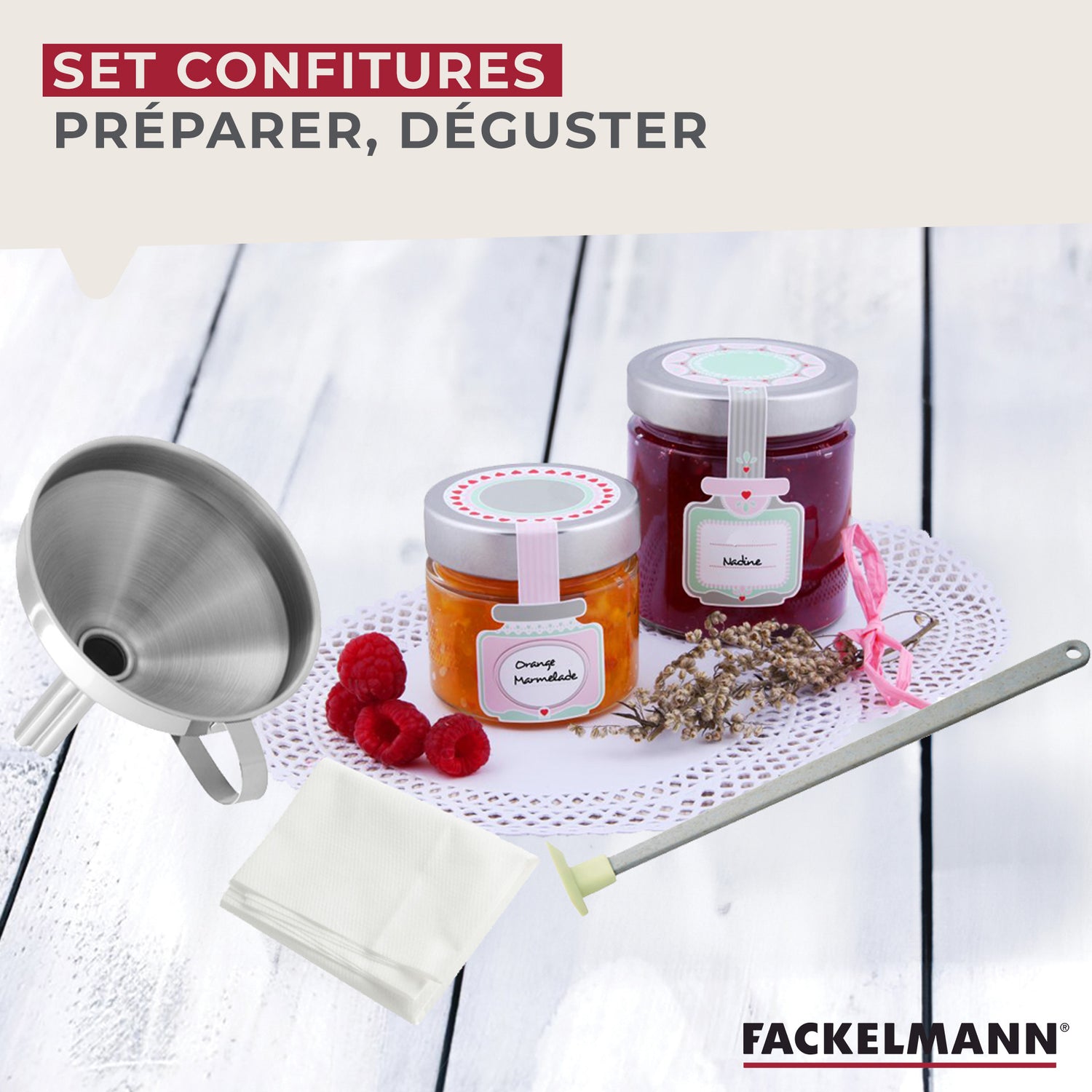 Set pour confiture maison avec entonnoir en inox Fackelmann