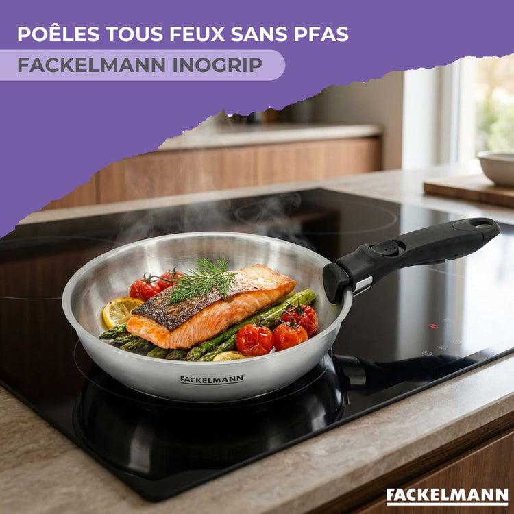 Lot de 2 poêles en inox de 24 cm et 28 cm avec manche amovible Fackelmann InoGrip