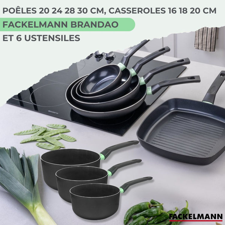 Batterie de cuisine de 4 poêles 20/24/28/30 cm, 3 casseroles 16/18/20 cm et 5 ustensiles Fackelmann Brandao