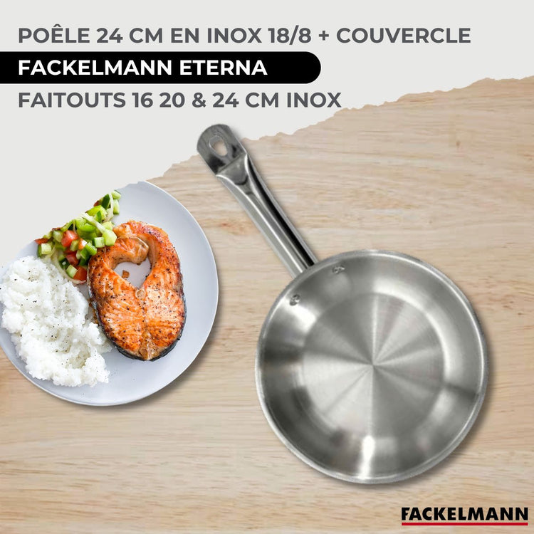 Batterie de cuisine avec 3 faitouts 16/20/24 cm et 1 poêle 24 cm avec 6 ustensiles de cuisine Fackelmann Etherna Brillant Vario avec couvercles
