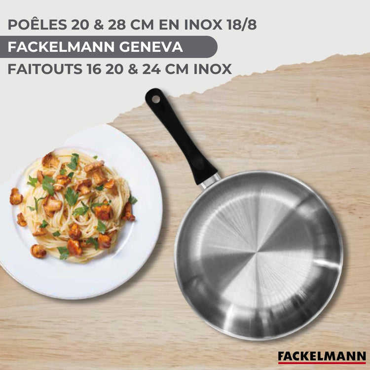 Batterie de cuisine avec 3 faitouts 16/20/24 cm et 2 poêles 20/28 cm avec 5 ustensiles de cuisine sans PFAS Fackelmann Généva Brillant Vario