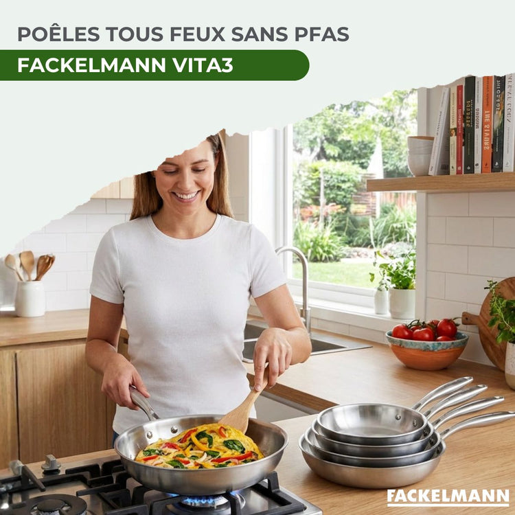Set de 2 poêles de cuisson 26/28 cm en inox avec 1 couvercle de cuisson universel Fackelmann Vita3