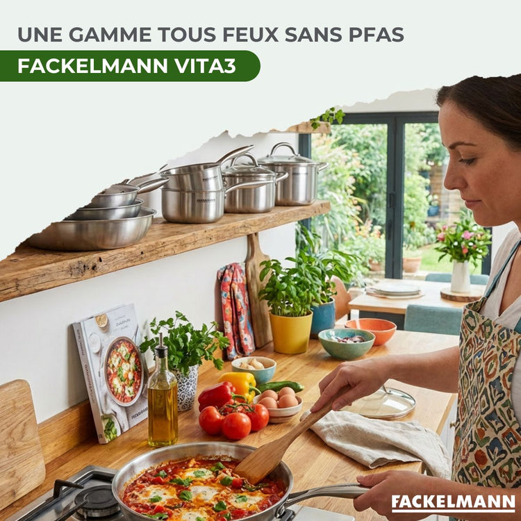Batterie de cuisine avec 1 poêle 26 cm 2 casseroles 14/18 cm et 2 faitouts 20/24 cm sans PFAS Fackelmann Vita3