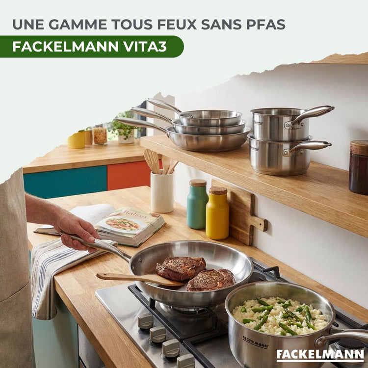 Batterie de cuisine avec 2 poêles 20/28 cm et 2 casseroles 14/18 cm avec 1 couvercle de cuisson universel sans PFAS Fackelmann Vita3